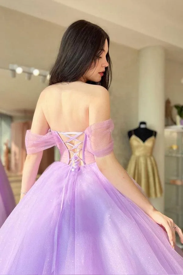 A-Line Sweetheart Neck Tulle Purple Long Prom Dress Formal Dresses PSK364