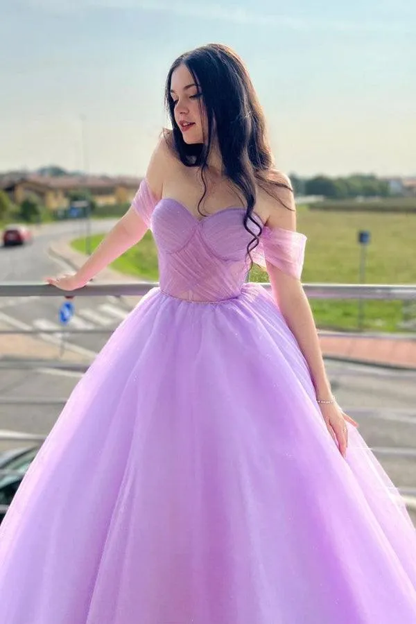 A-Line Sweetheart Neck Tulle Purple Long Prom Dress Formal Dresses PSK364