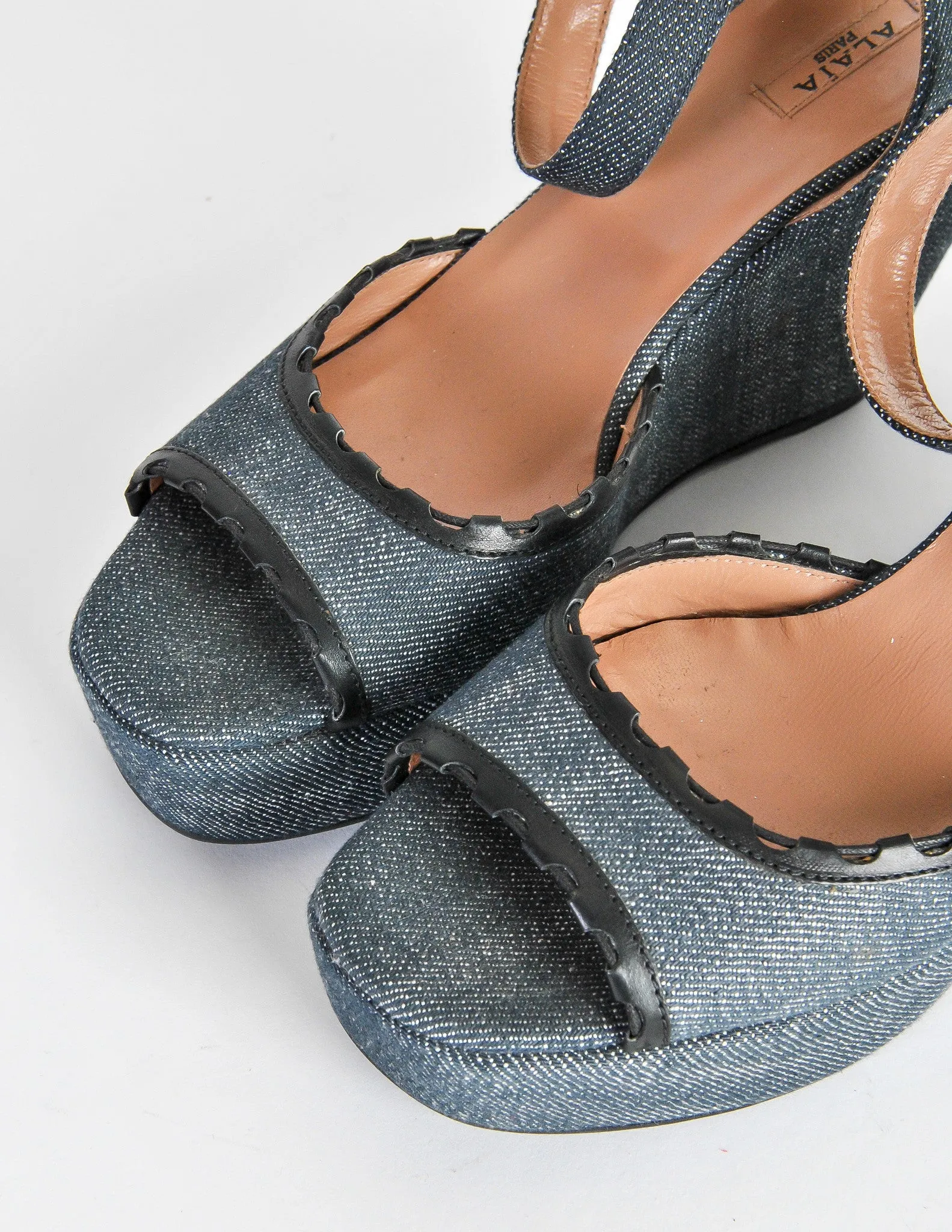 Alaïa Vintage Leather and Denim Wedge Sandals