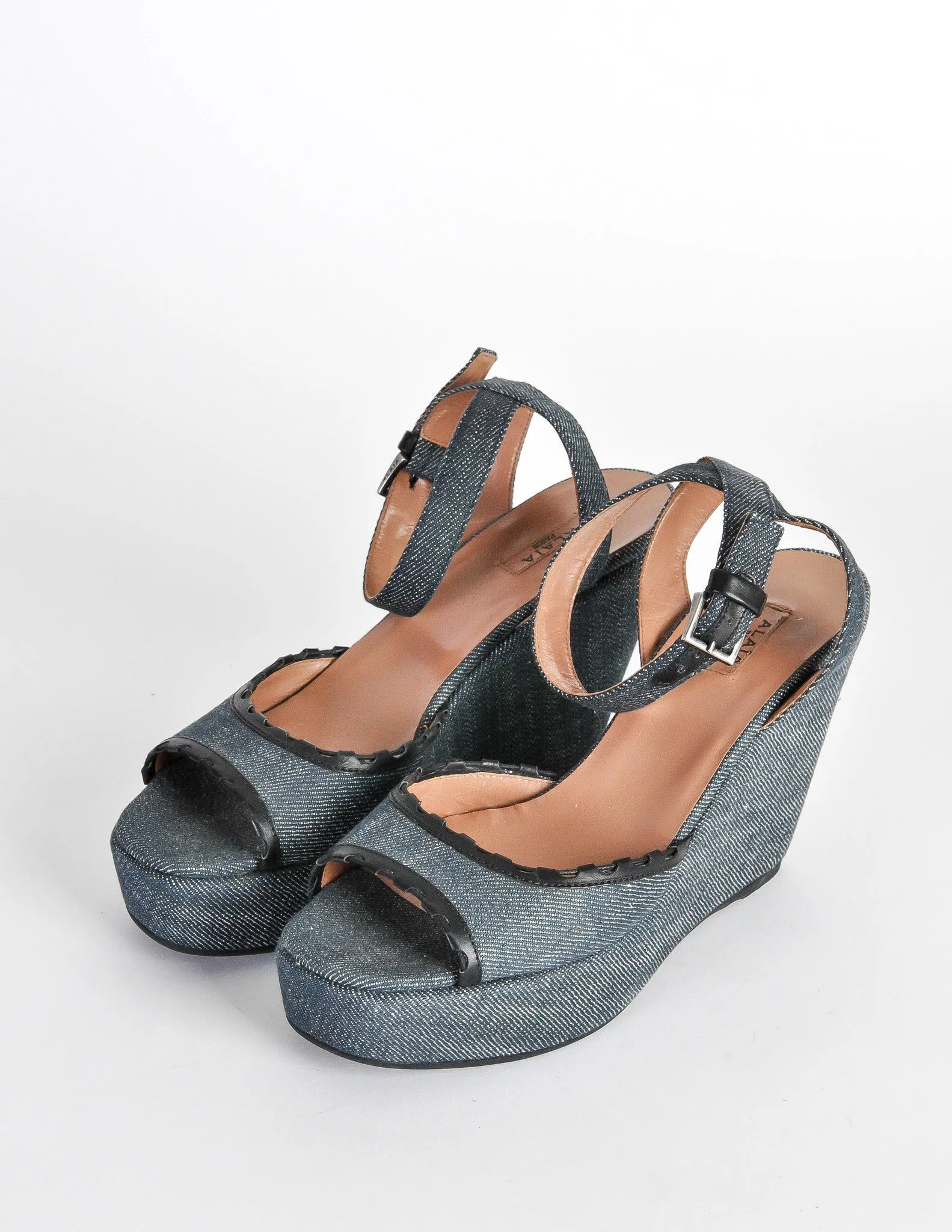 Alaïa Vintage Leather and Denim Wedge Sandals