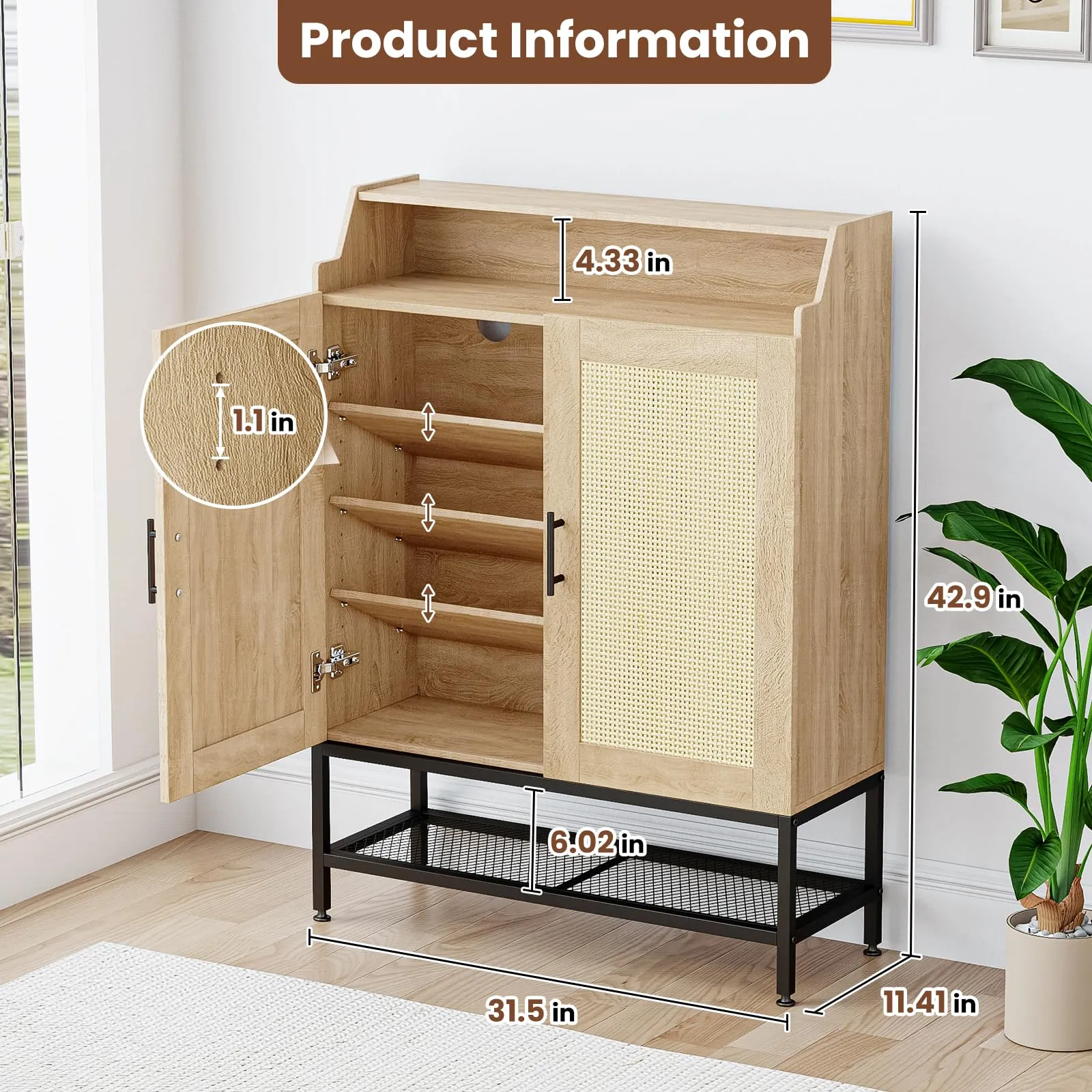 ALLSTAND 7-Tier Shoe Storage Cabinet with Rattan Doors, Shoe Organizer Cabinet with Adjustable Boards & Damper Hinge, Narrow Shoe Cabinet Storage with Anti-tip Fitting for Entryway, Closet