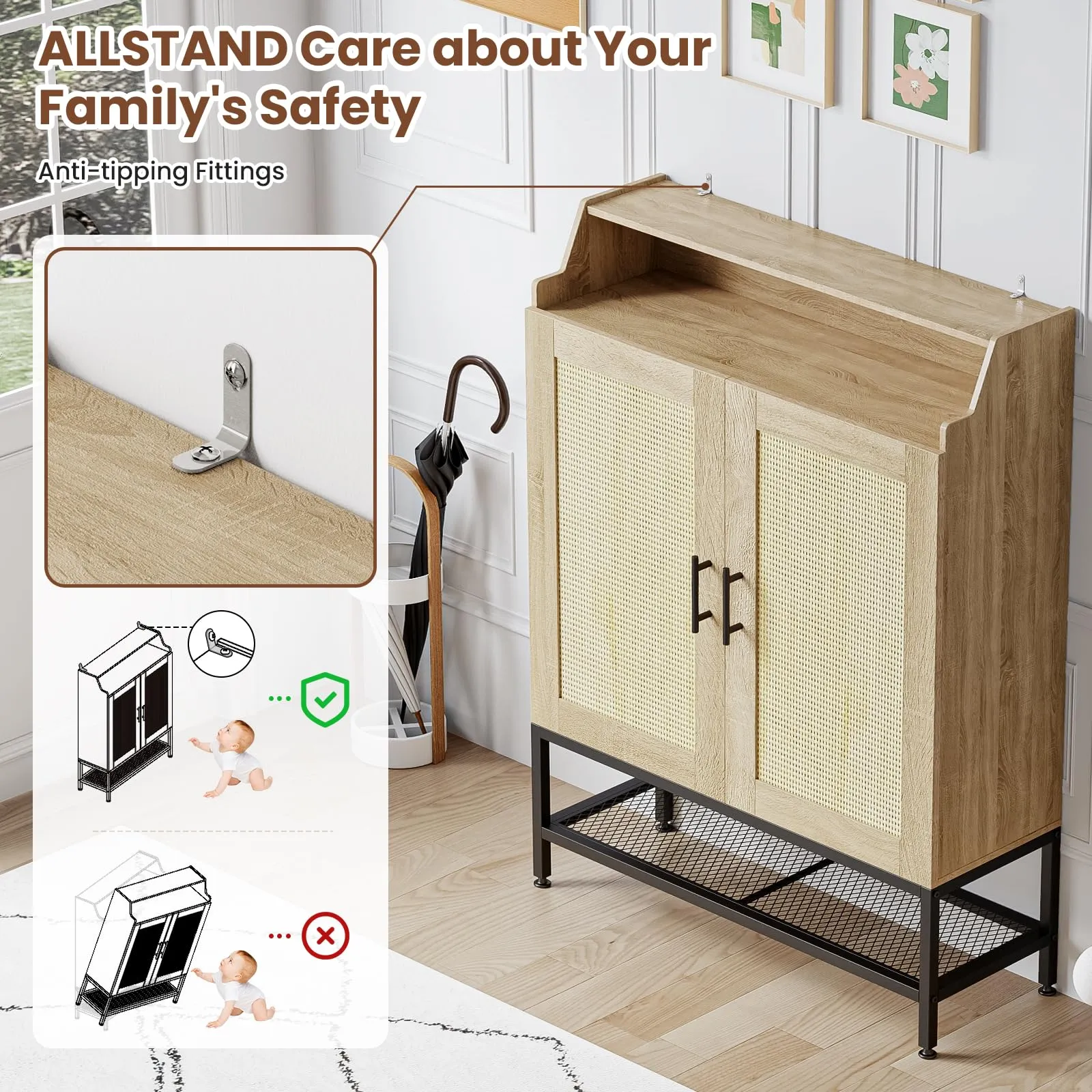 ALLSTAND 7-Tier Shoe Storage Cabinet with Rattan Doors, Shoe Organizer Cabinet with Adjustable Boards & Damper Hinge, Narrow Shoe Cabinet Storage with Anti-tip Fitting for Entryway, Closet