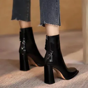 Amozae-WOMEN ANKLE BOOTS  Winter  Square Toe Retro Thick Heel Short Boots Women's Single Boots After Zipper High Heel Nude Boots