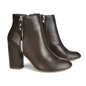 Andrea Pointed Toe Zip Up Statement High Block Heel Ankle Boots In Brown Synthetic Leather