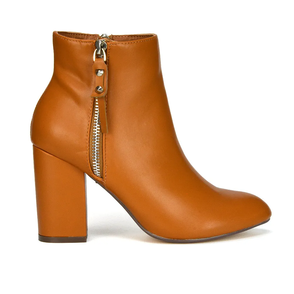 Andrea Pointed Toe Zip Up Statement High Block Heel Ankle Boots In Brown Synthetic Leather