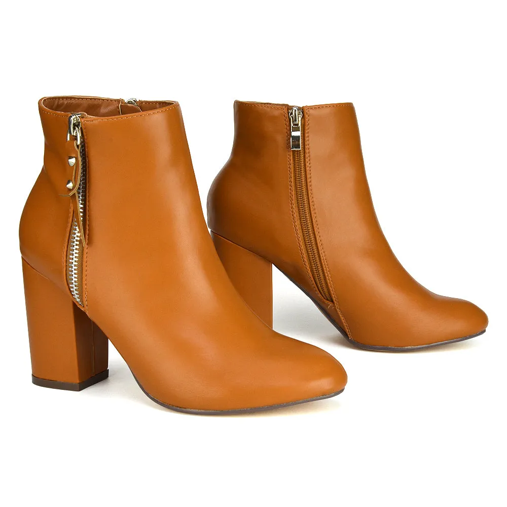 Andrea Pointed Toe Zip Up Statement High Block Heel Ankle Boots In Brown Synthetic Leather