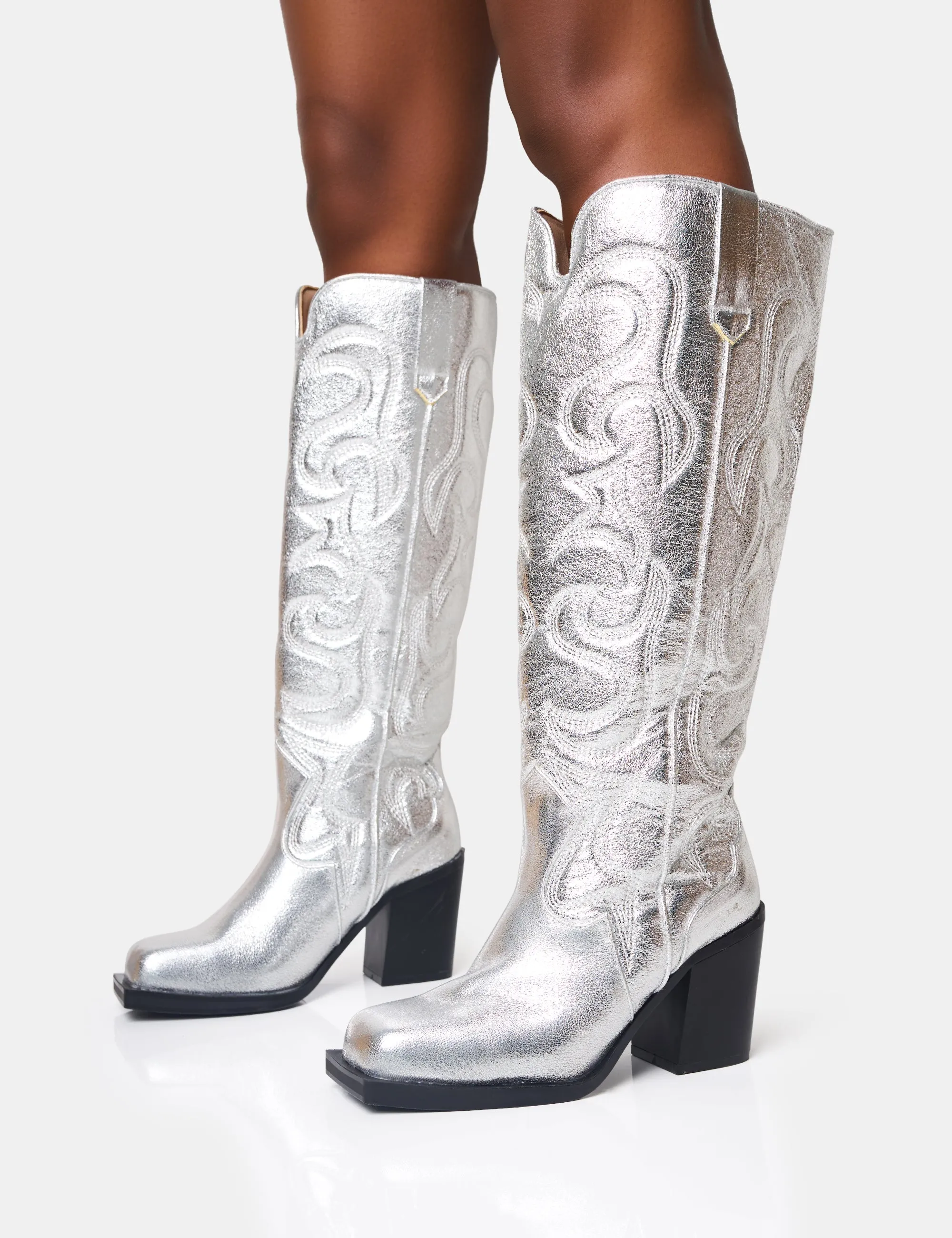 Austine Silver Western Block Heel Knee High Boots