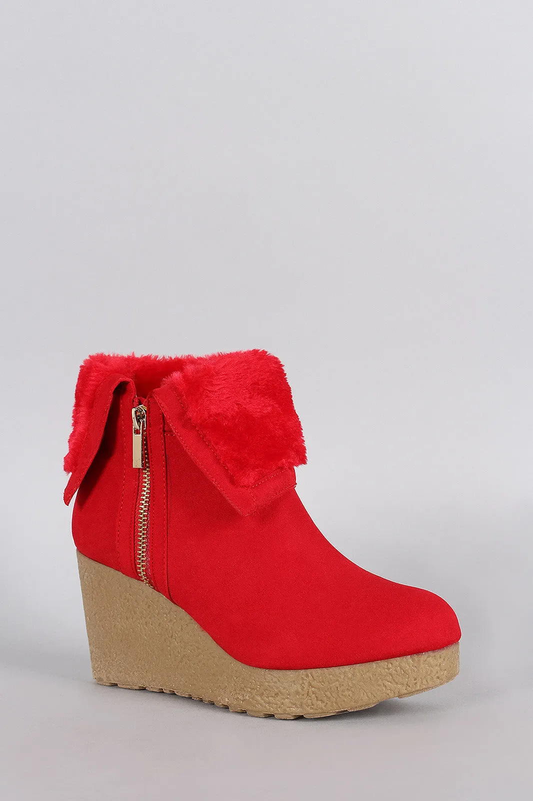 Bamboo Faux Fur Cuff Contrast Platform Wedge Bootie