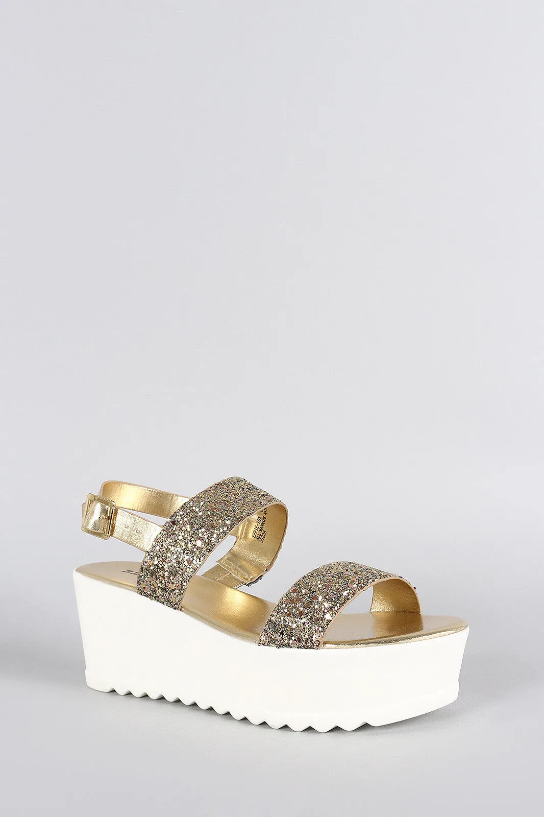 Bamboo Glitter Metallic Open Toe Slingback Lug Sole Flatform Wedge