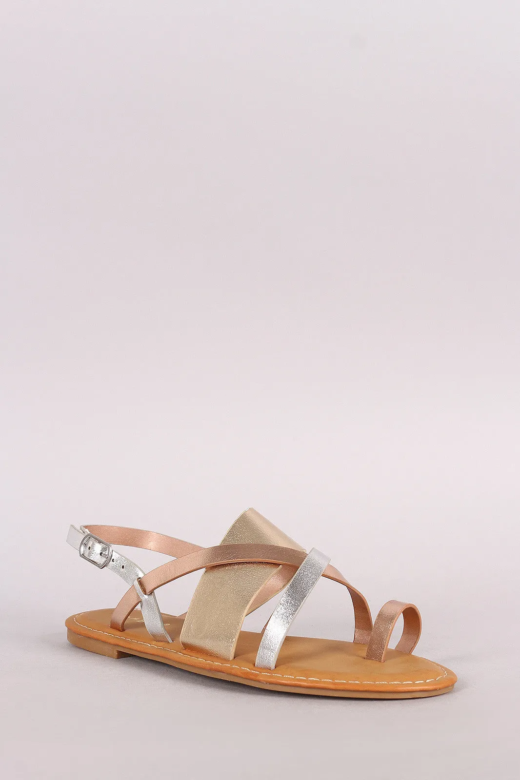 Bamboo Tri-Tone Metallic Strappy Toe Ring Slingback Flat Sandal