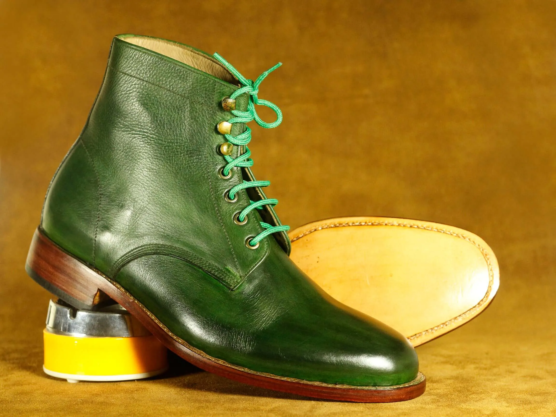 Bespoke Ankle Green Lace Up Boots, Men's Fashion Boot