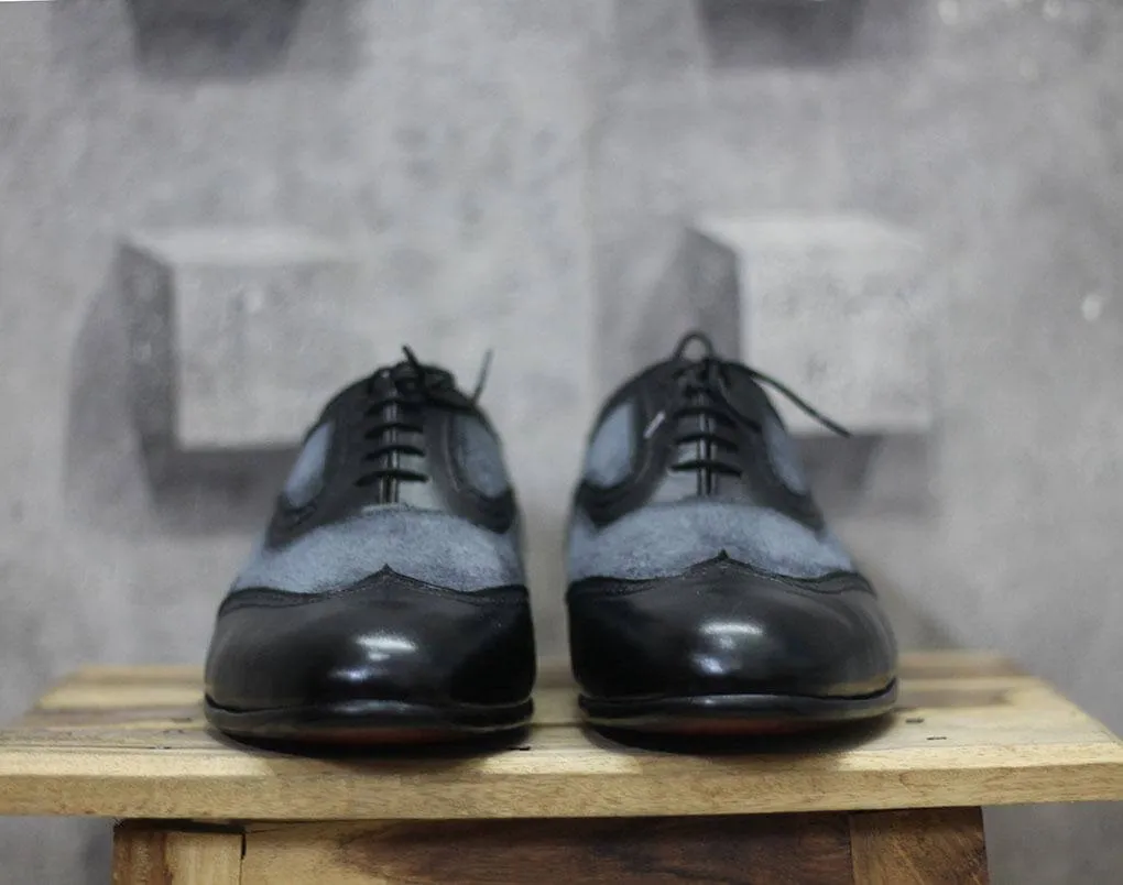 Bespoke Black Gray Leather Suede Wing Tip Shoes