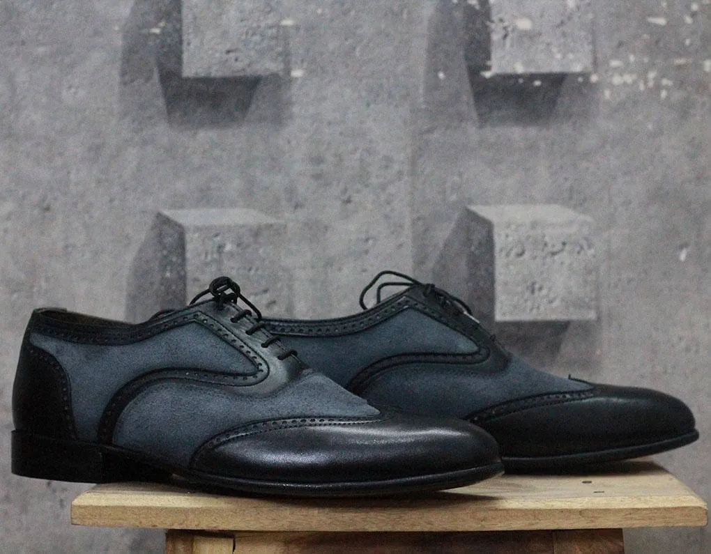 Bespoke Black Gray Leather Suede Wing Tip Shoes