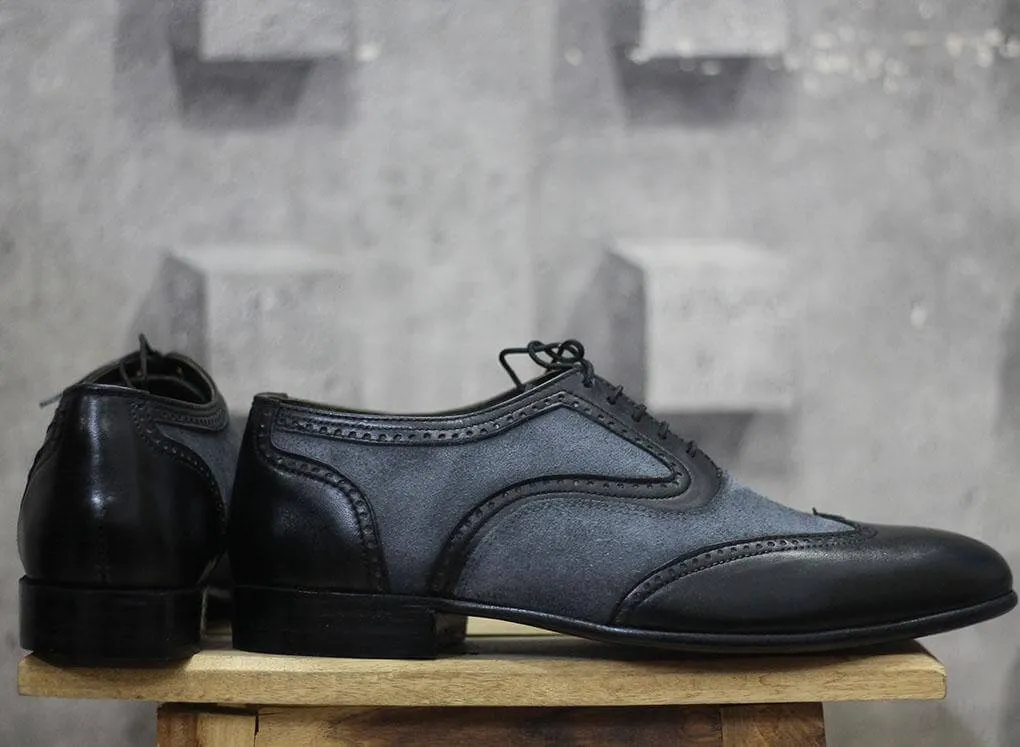 Bespoke Black Gray Leather Suede Wing Tip Shoes