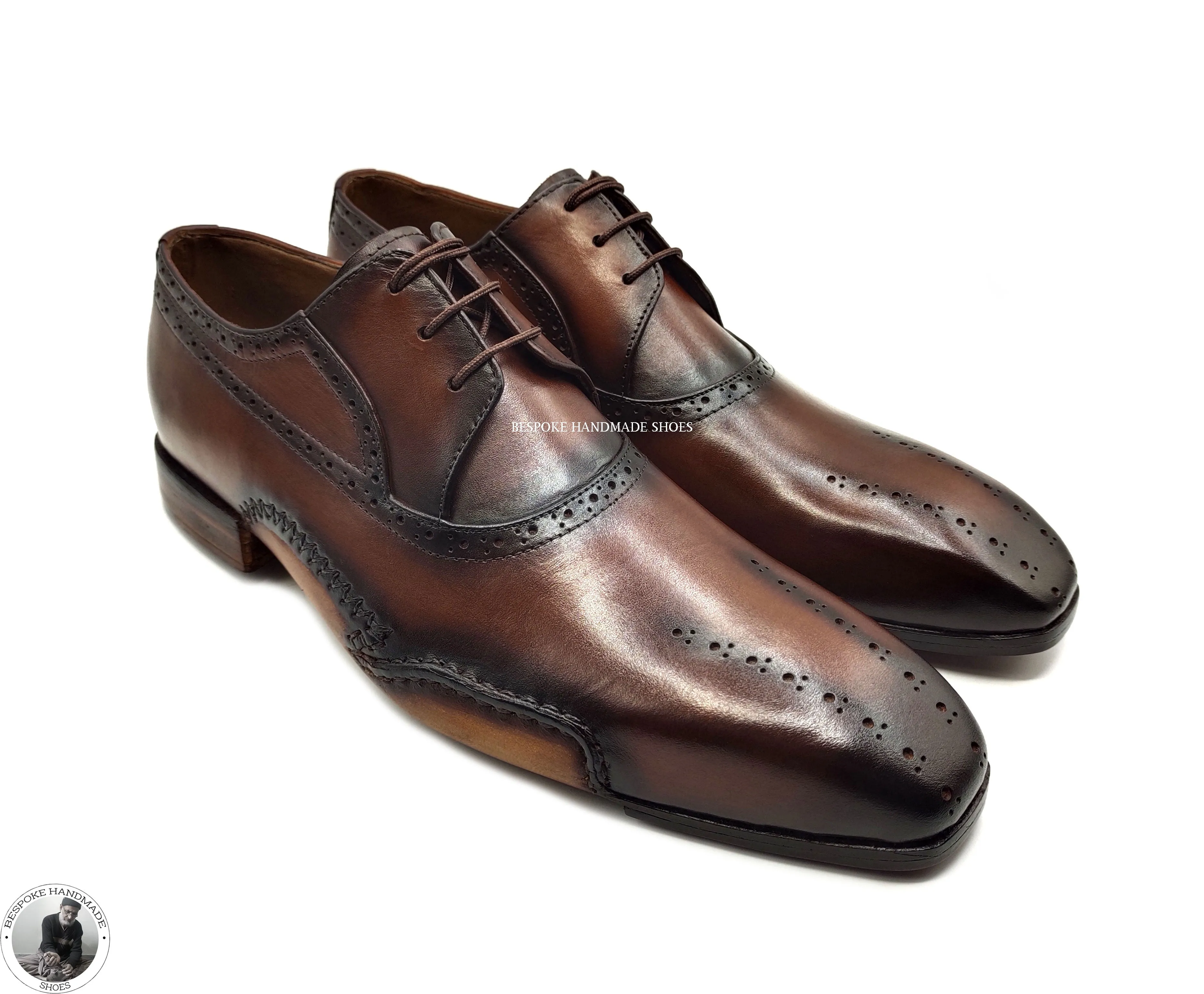 Bespoke Dress Genuine Brown Color Hand Painted Leather Shoe, Whole Cut Oxford Wingtip Lace up Shoes For Men's