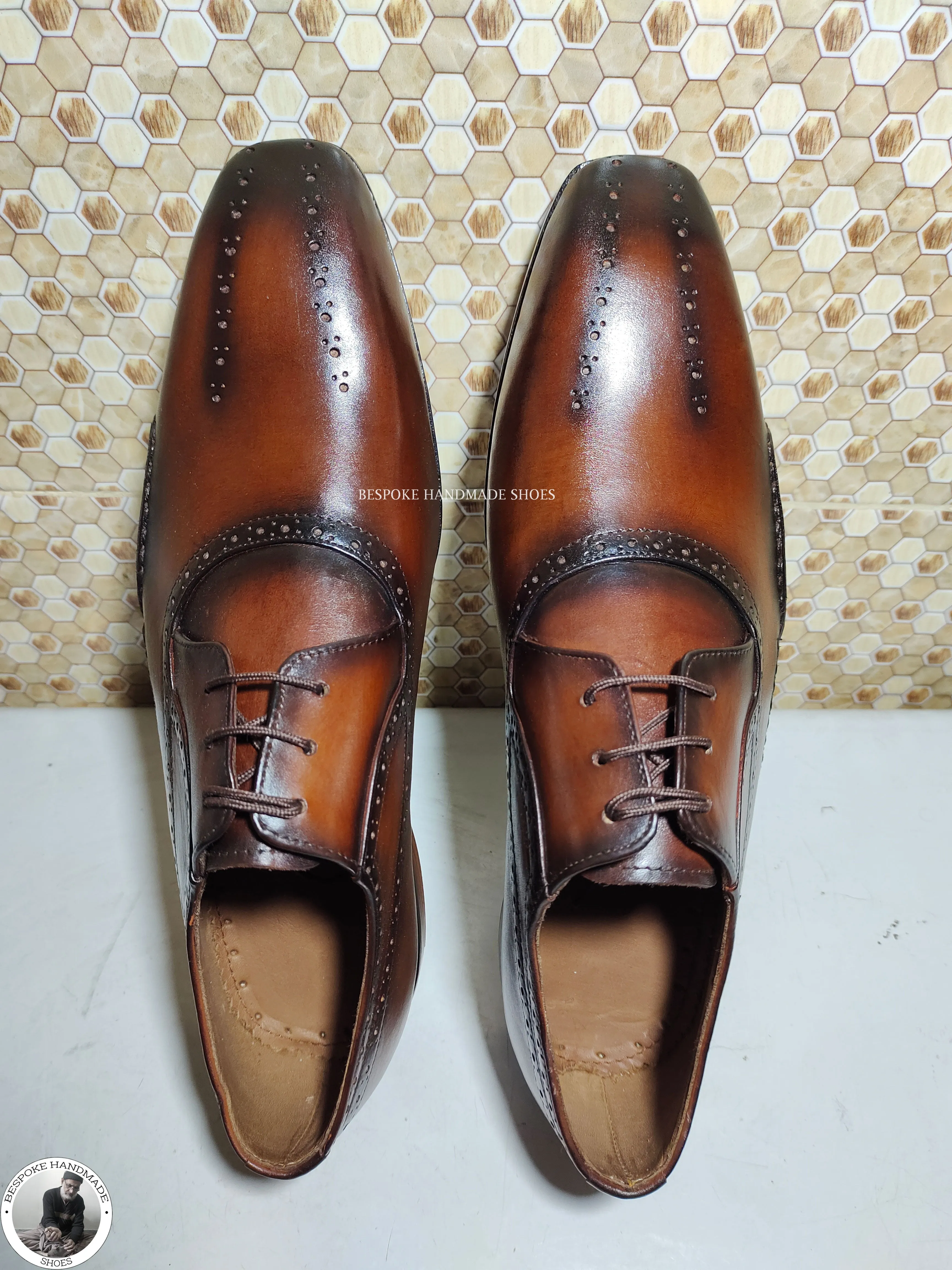 Bespoke Dress Genuine Brown Color Hand Painted Leather Shoe, Whole Cut Oxford Wingtip Lace up Shoes For Men's