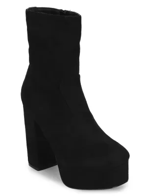 Black Micro Block Heel Ankle Length Boots