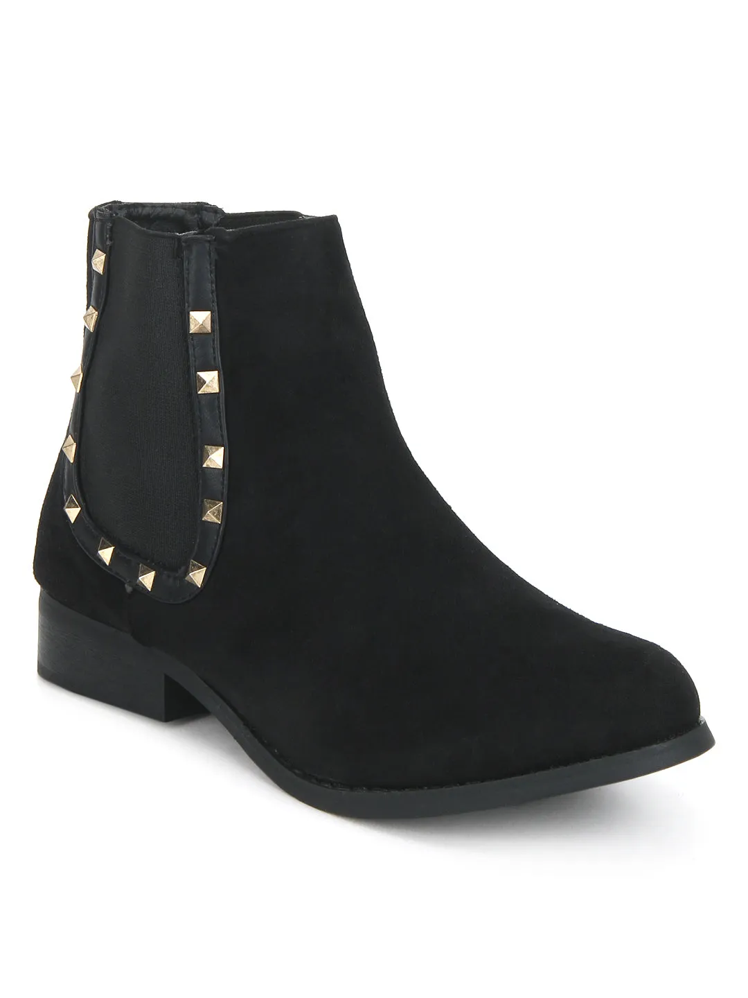 Black SU Stud Detailed Flat Ankle Length Boots