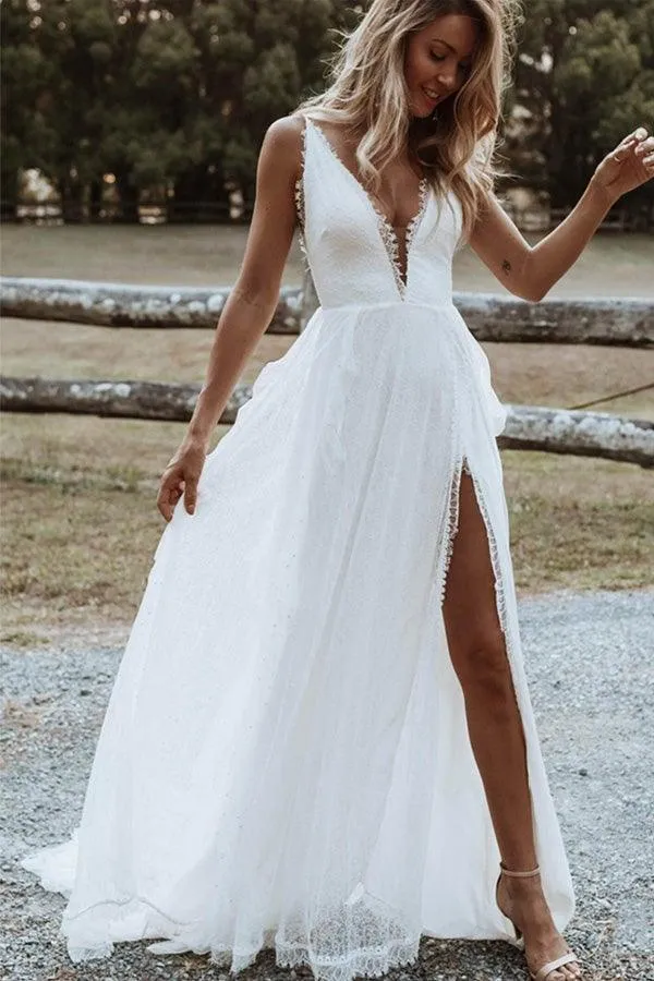 Bohemian A Line V Neck Lace Split Wedding Dresses with Appliques  WD560