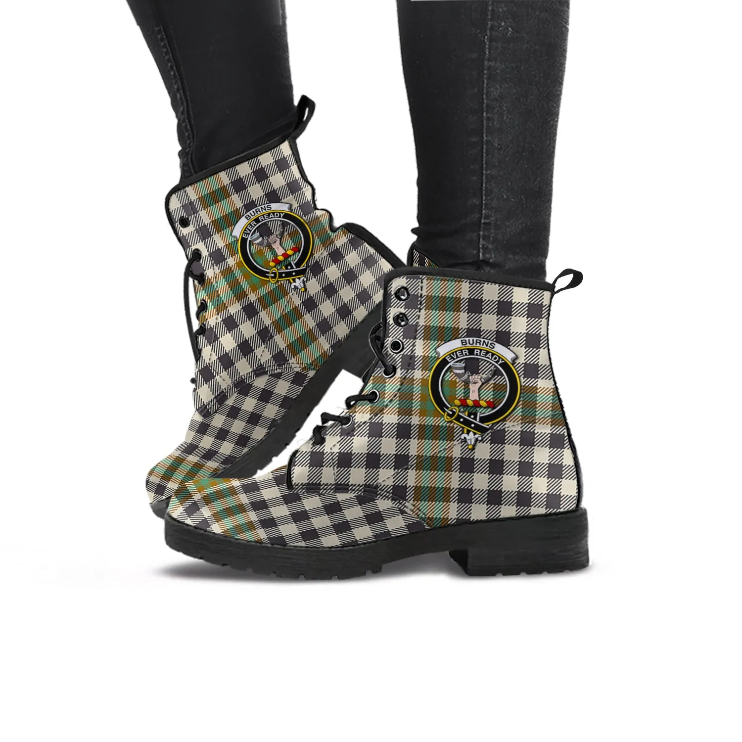 Burns Check Tartan Leather Boots with Family Crest