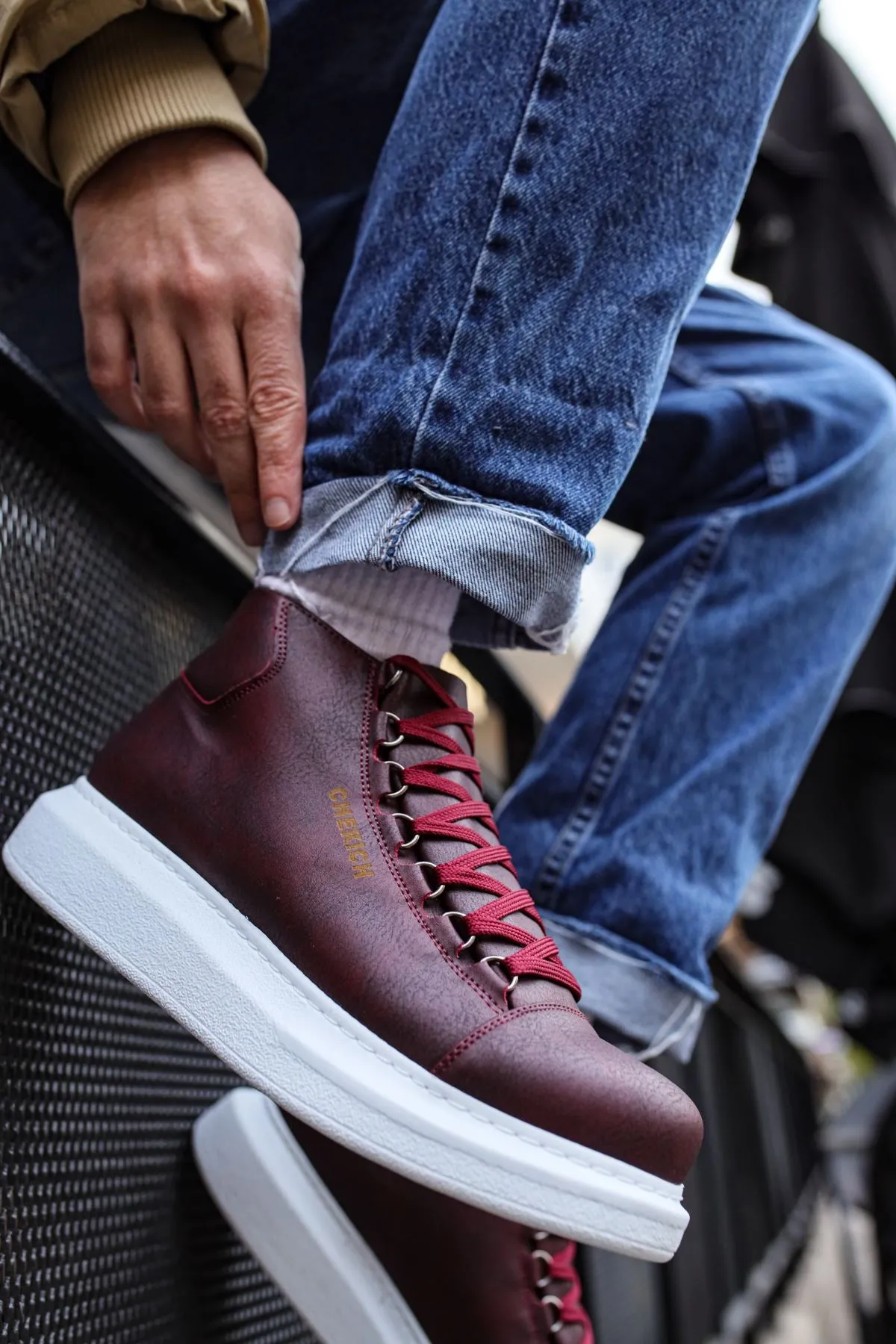 CH258 Men's Burgundy-White Sole Metal Slug Lace-up High Sole Casual Sneaker Sports Boots