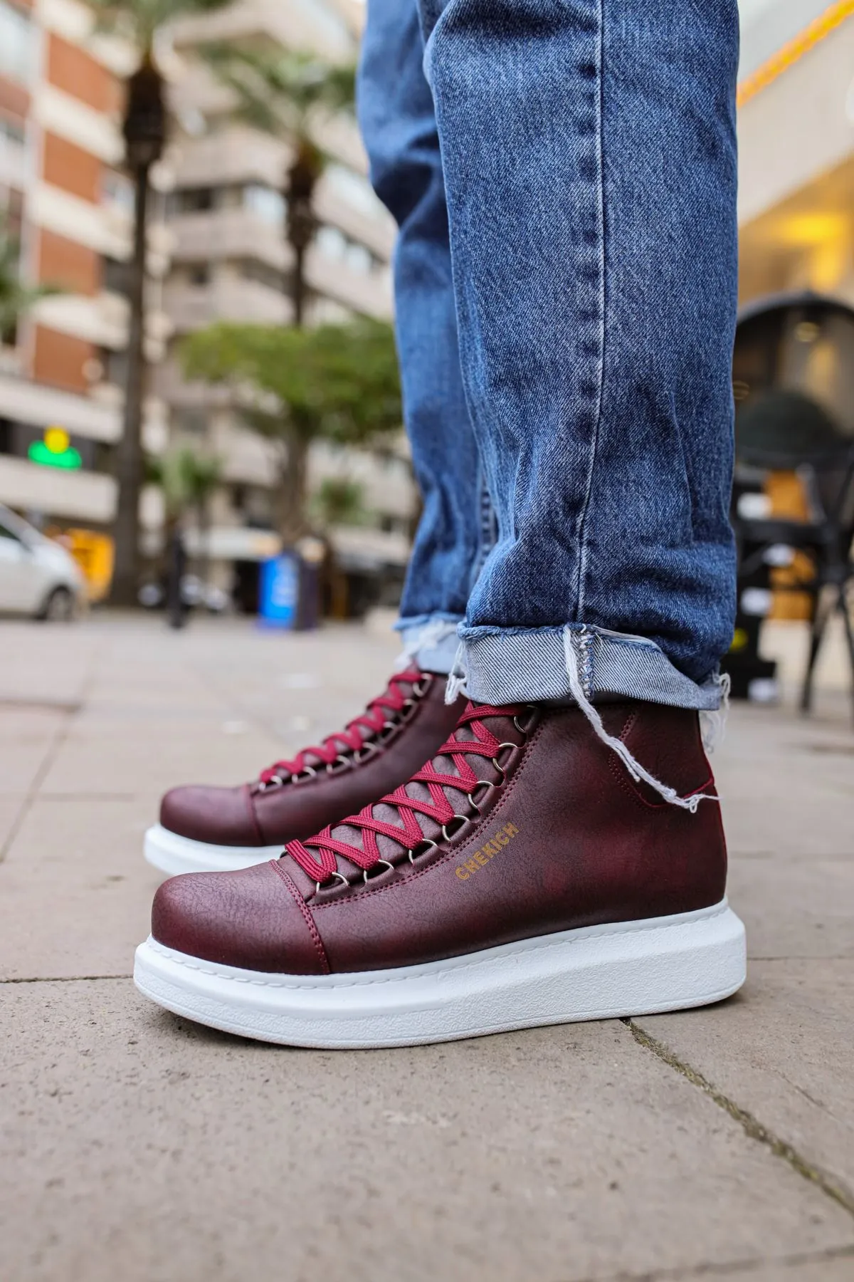 CH258 Men's Burgundy-White Sole Metal Slug Lace-up High Sole Casual Sneaker Sports Boots