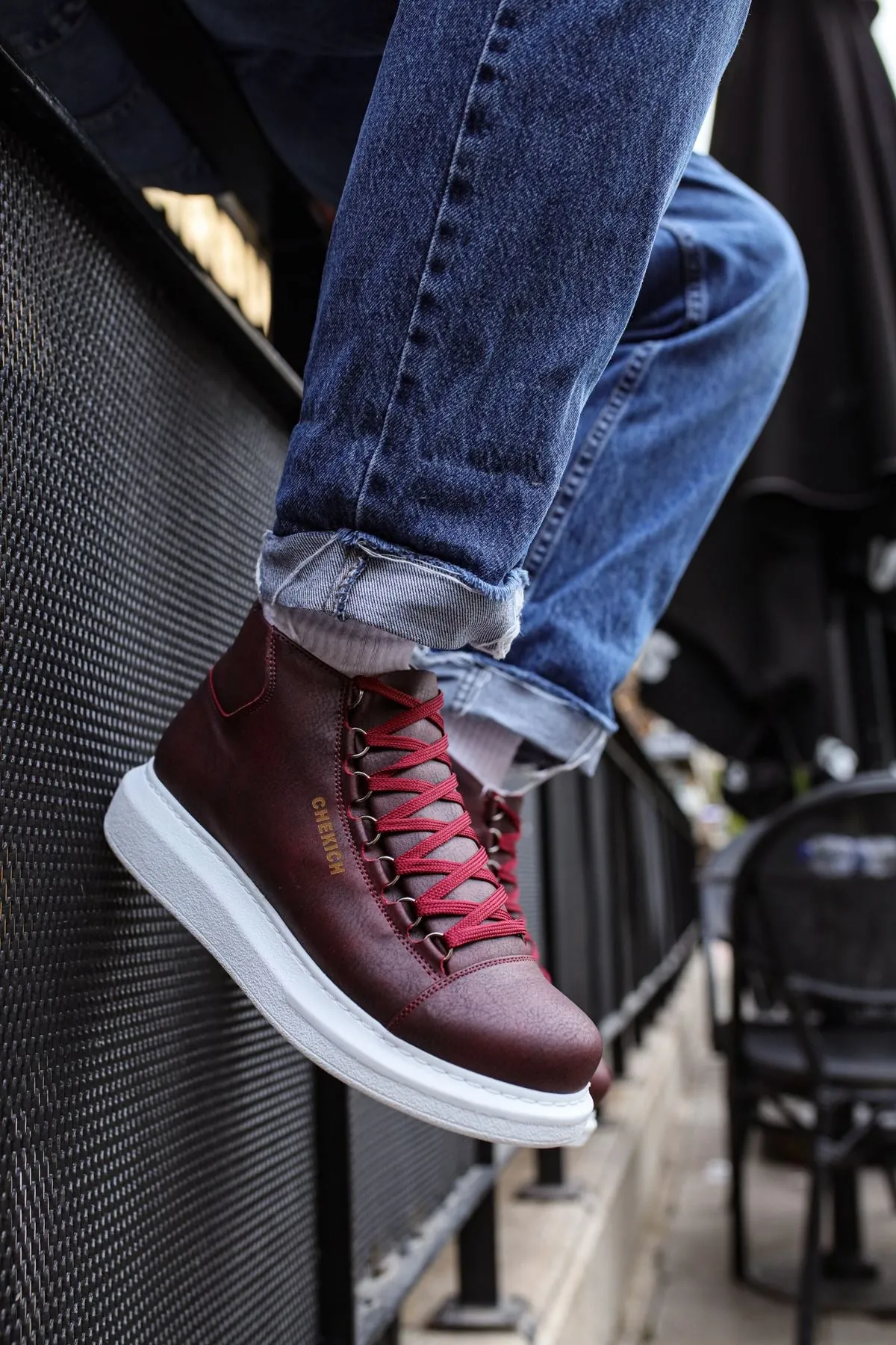 CH258 Men's Burgundy-White Sole Metal Slug Lace-up High Sole Casual Sneaker Sports Boots