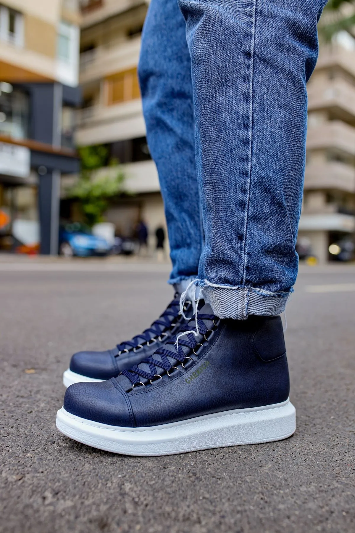 CH258 Men's Navy Blue-White Sole Metal Slug Lace-up High Sole Casual Sneaker Sports Boots