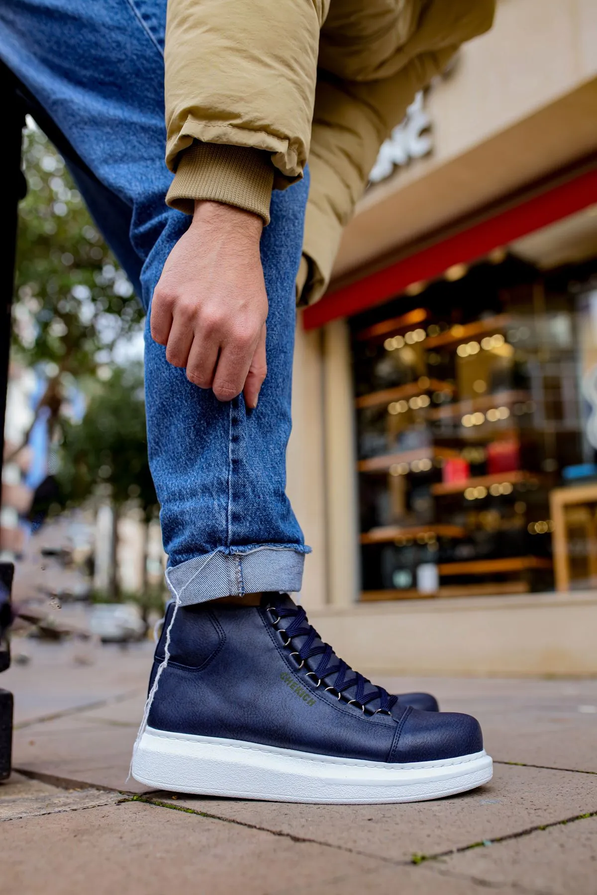 CH258 Men's Navy Blue-White Sole Metal Slug Lace-up High Sole Casual Sneaker Sports Boots