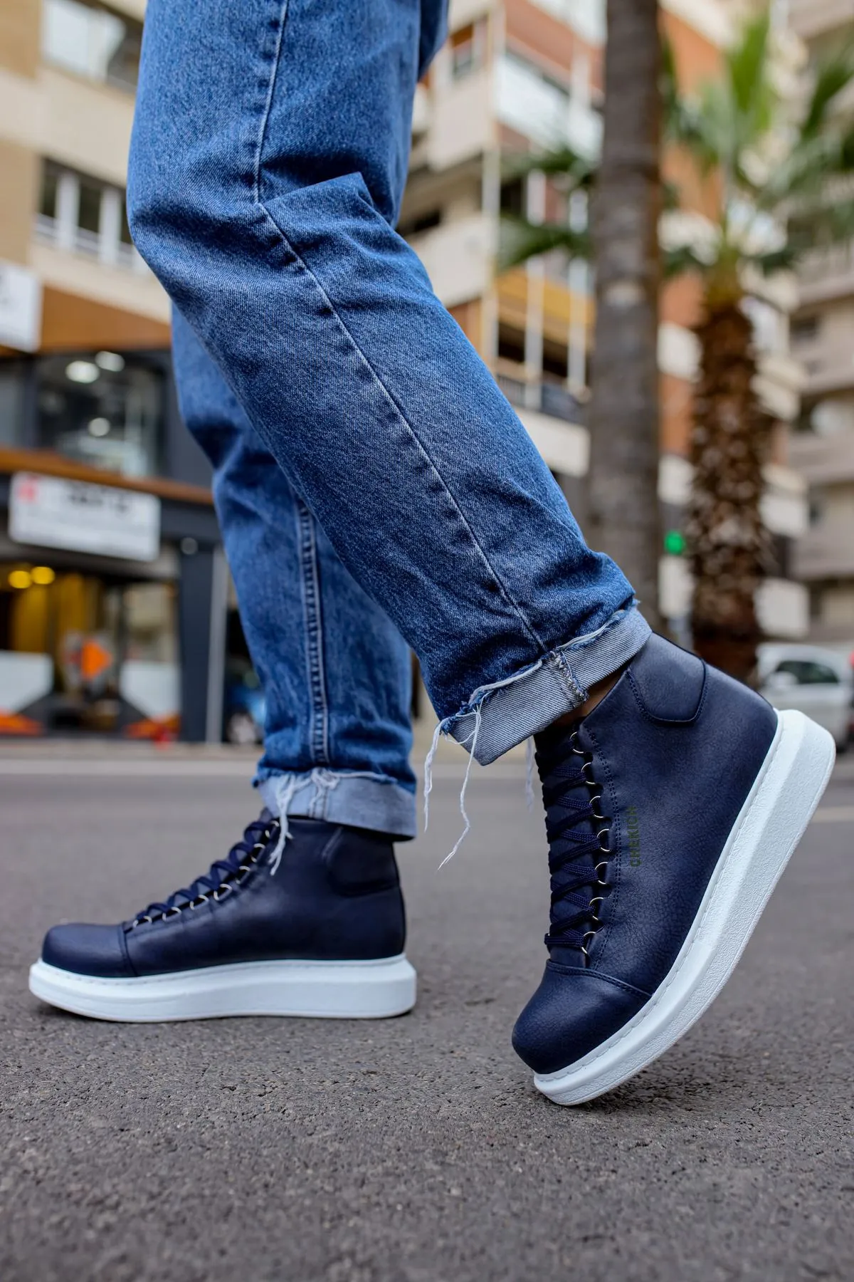 CH258 Men's Navy Blue-White Sole Metal Slug Lace-up High Sole Casual Sneaker Sports Boots