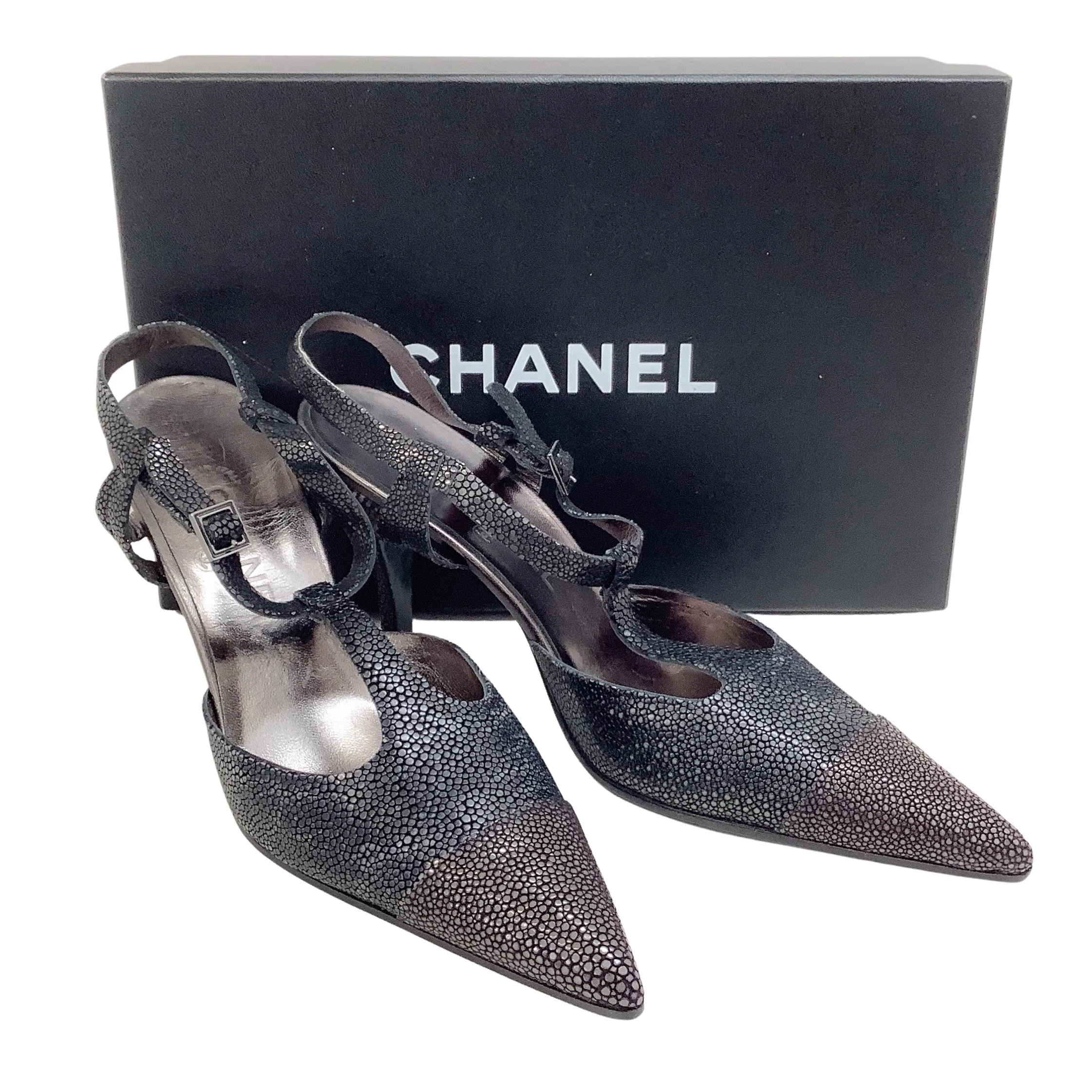 Chanel Black Stingray T-Strap Pumps