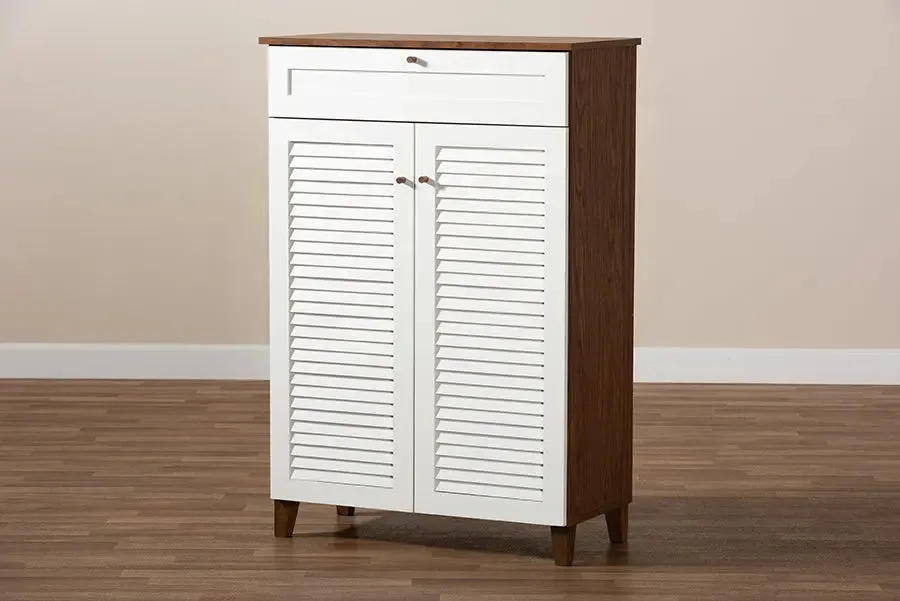 Clevedon White/Walnut Finished 5-Shelf Wood Shoe Storage Cabinet w/Drawer