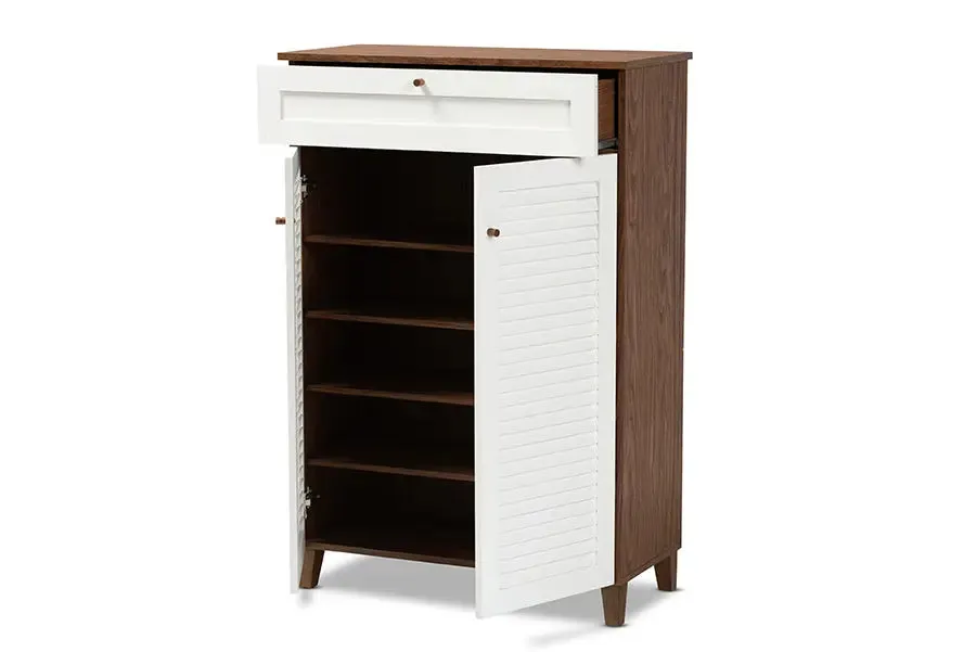 Clevedon White/Walnut Finished 5-Shelf Wood Shoe Storage Cabinet w/Drawer