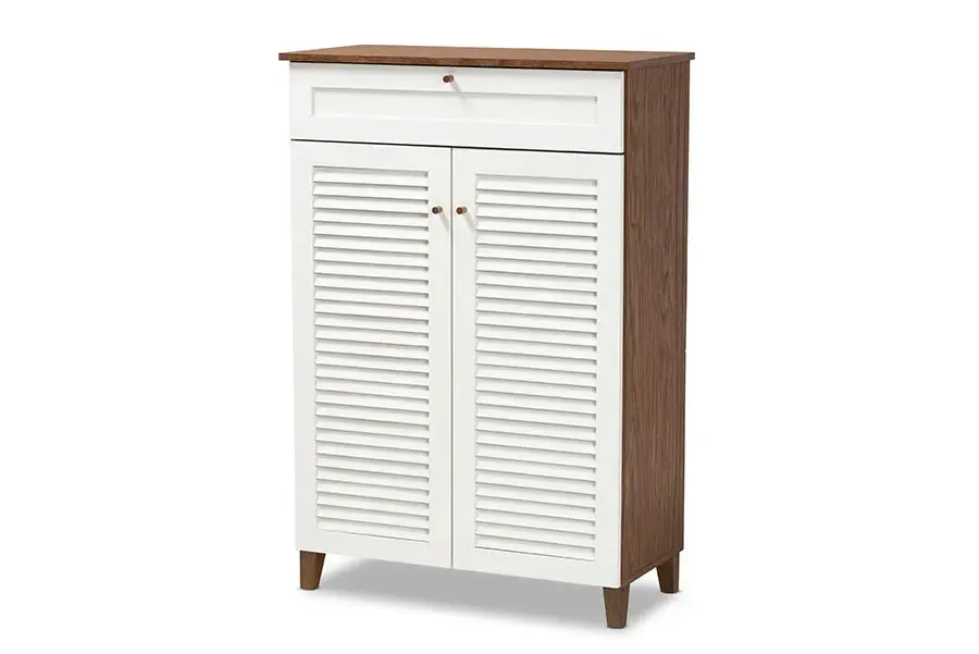 Clevedon White/Walnut Finished 5-Shelf Wood Shoe Storage Cabinet w/Drawer