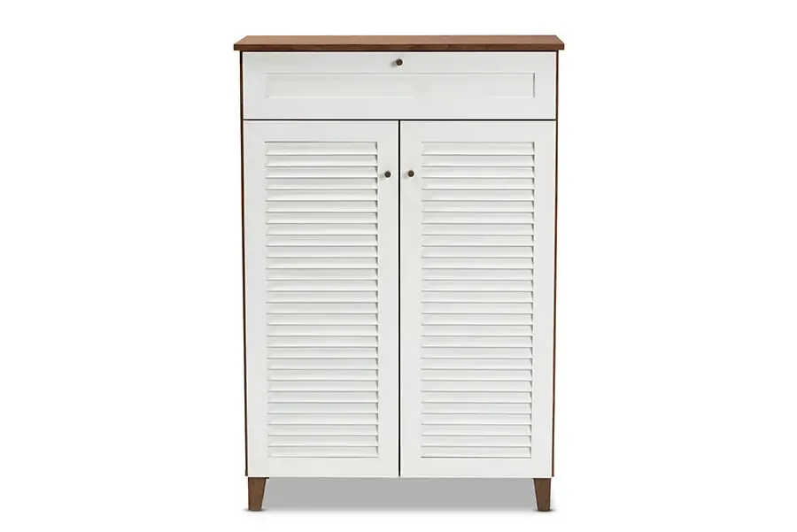 Clevedon White/Walnut Finished 5-Shelf Wood Shoe Storage Cabinet w/Drawer