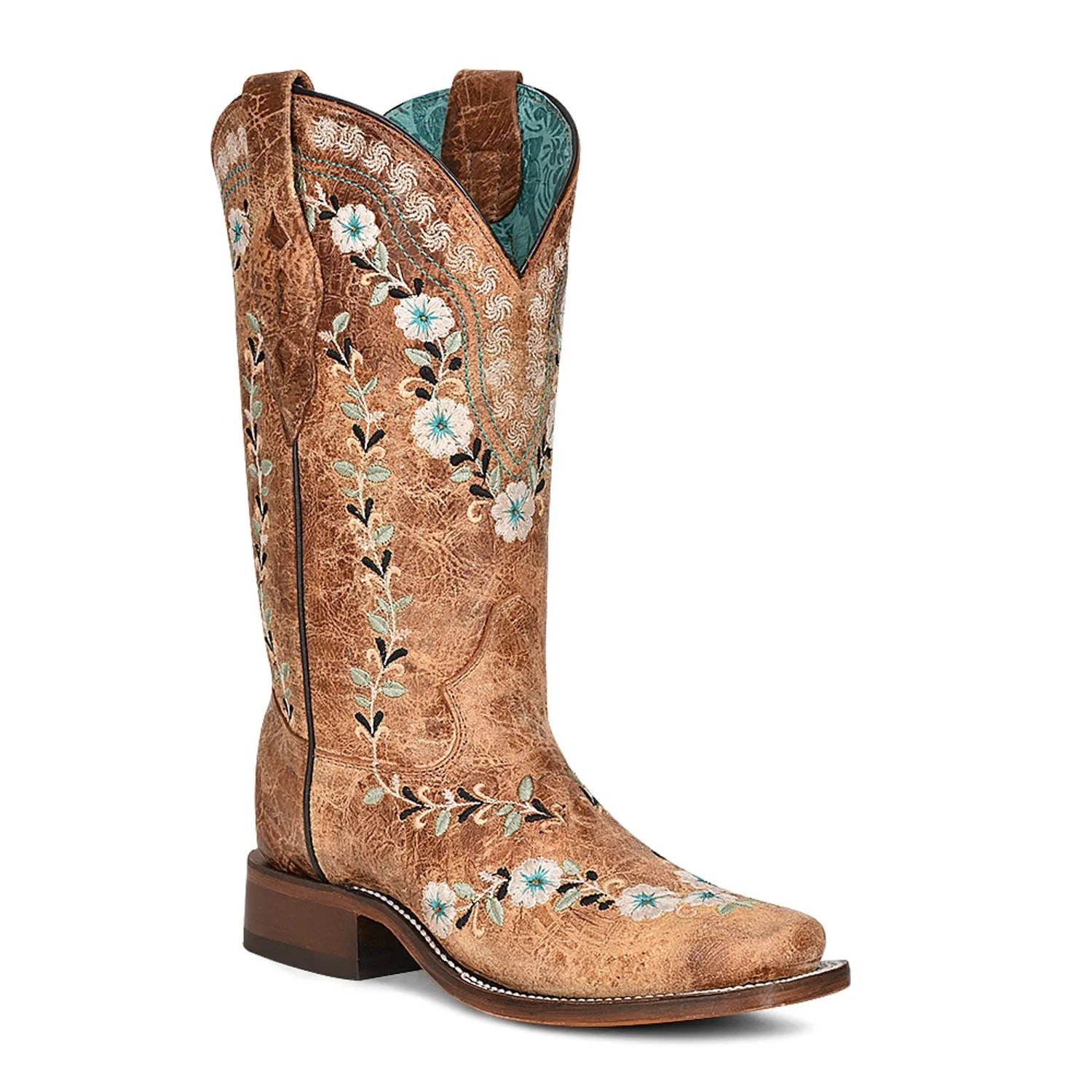 Corral Womens A4398 Cognac Leather Floral Stitch Cowboy Boots