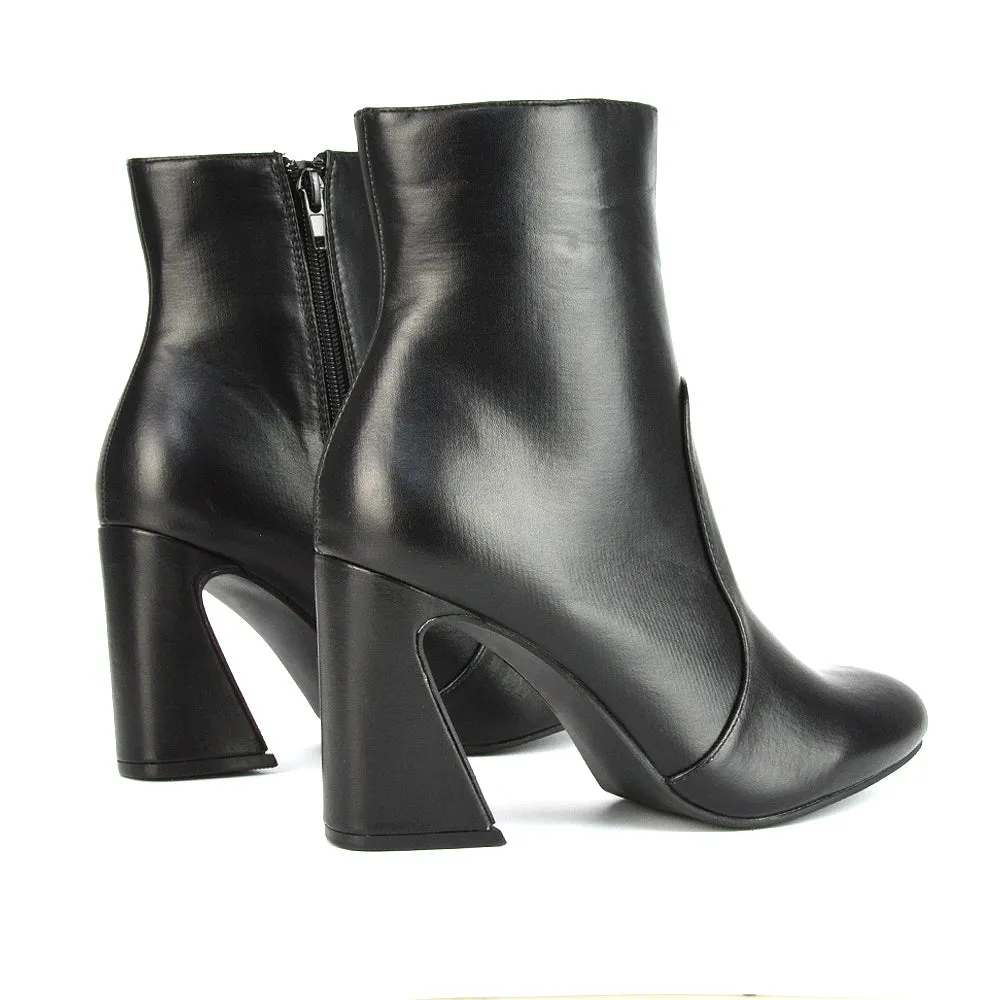 Davina Mid High Flared Sculptured Heel Zip-Up Ankle Boots in Black Synthetic Leather