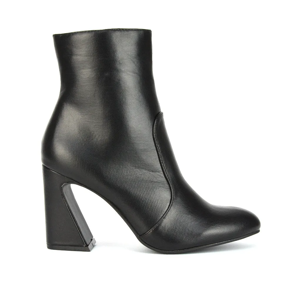 Davina Mid High Flared Sculptured Heel Zip-Up Ankle Boots in Black Synthetic Leather