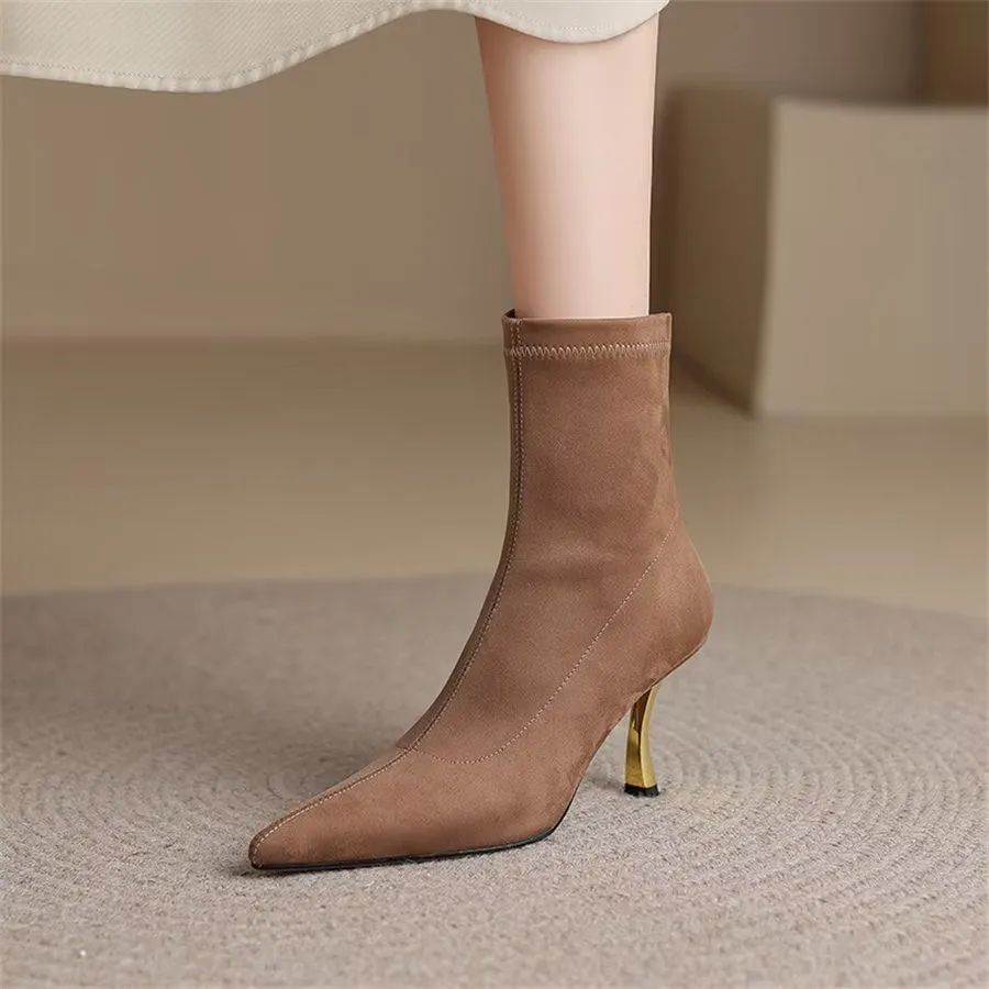 Elegant Cow Leather Pointed Toe Front Zipper Boots