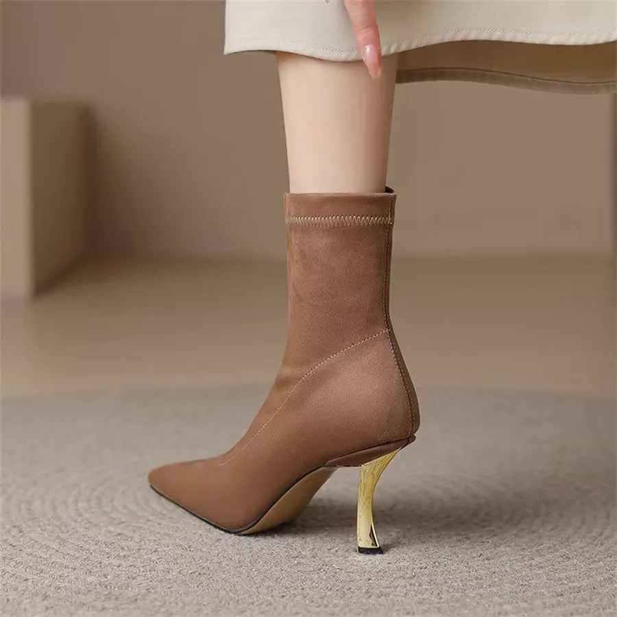 Elegant Cow Leather Pointed Toe Front Zipper Boots