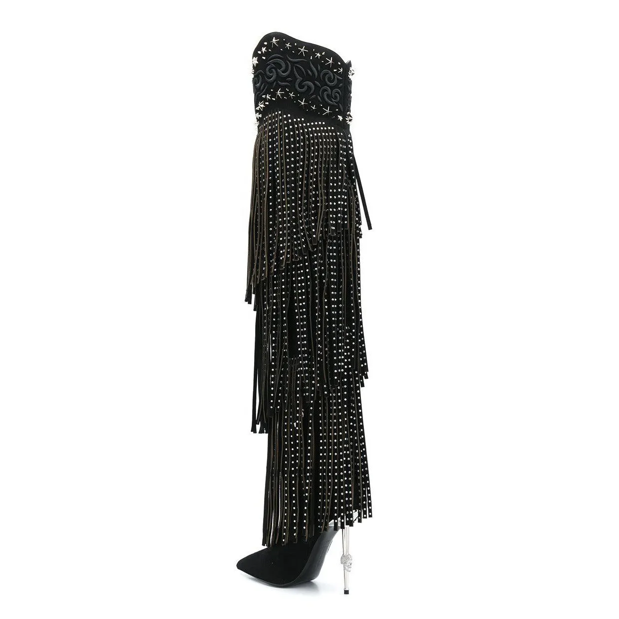 Embellished Fringe Tassels Pointed Toe Thigh High Boots