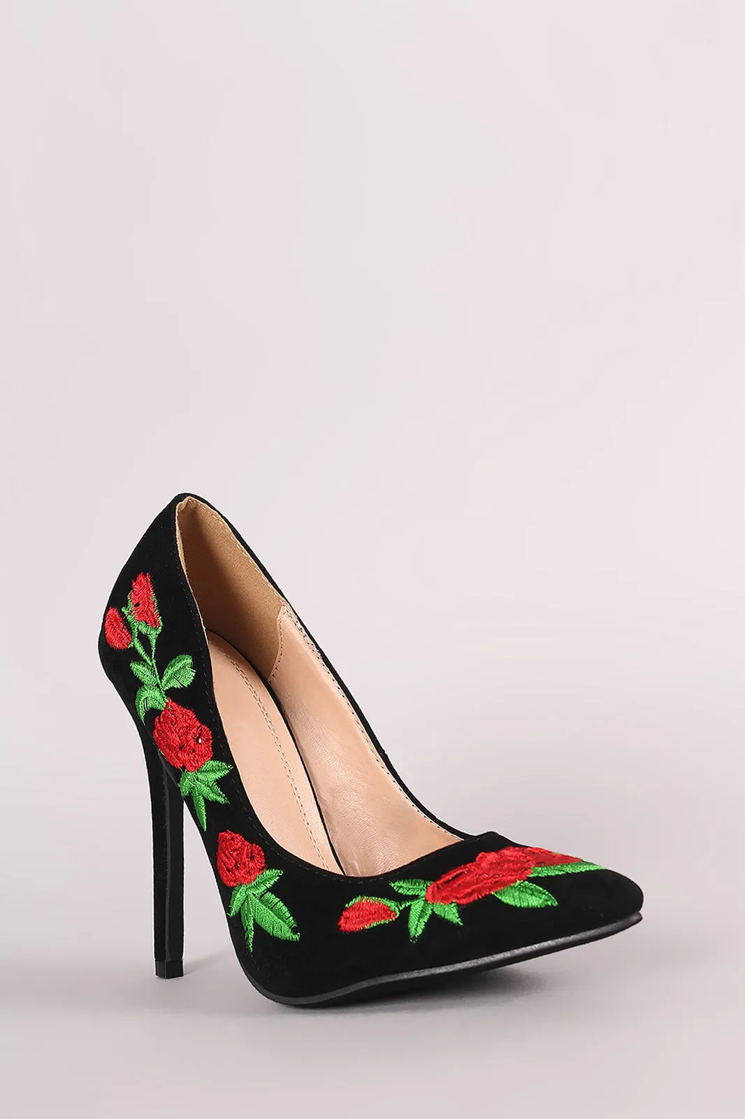 Embroidered Floral Suede Pointy Toe Stiletto Pump