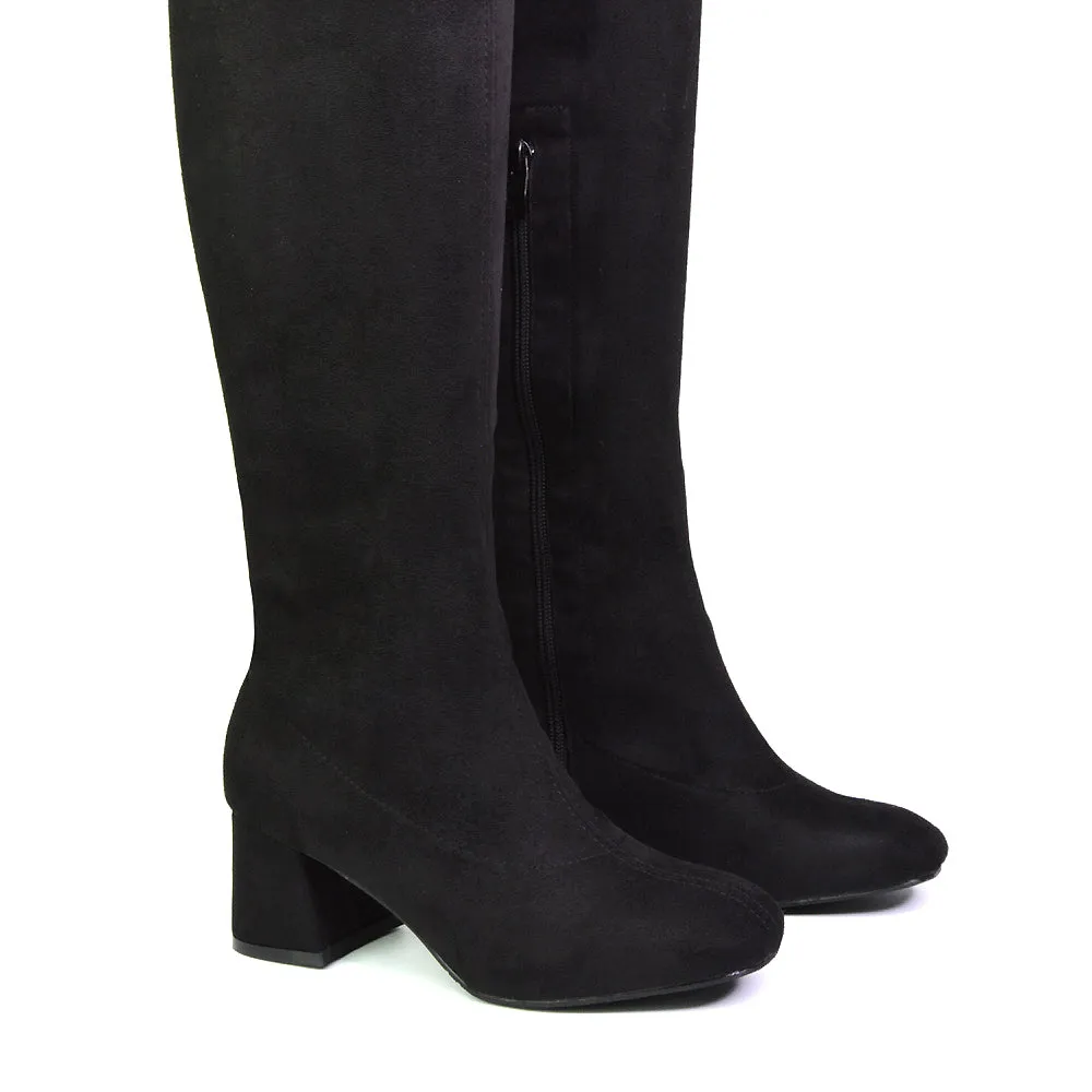 Emmett Flared Mid Block Heel Over the Knee Boots In Black Synthetic Leather