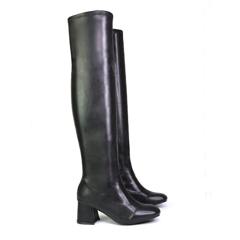 Emmett Flared Mid Block Heel Over the Knee Boots In Black Synthetic Leather