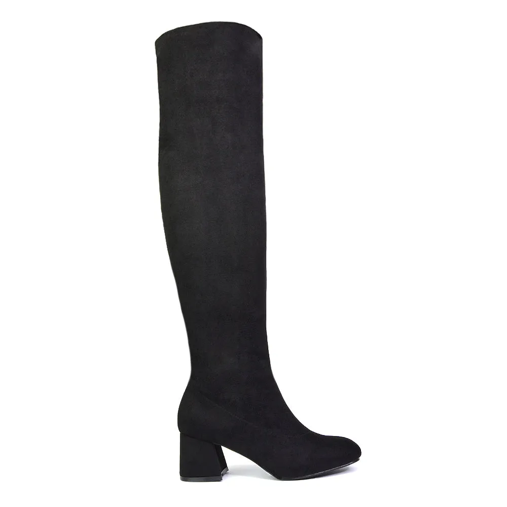 Emmett Flared Mid Block Heel Over the Knee Boots In Black Synthetic Leather