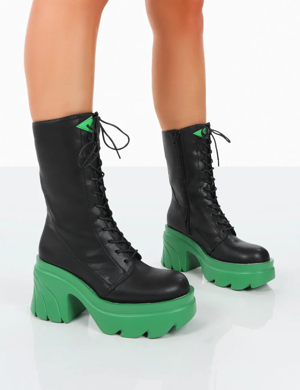 Ever Black Green Laced Platform Chunky Green Sole Ankle Boots