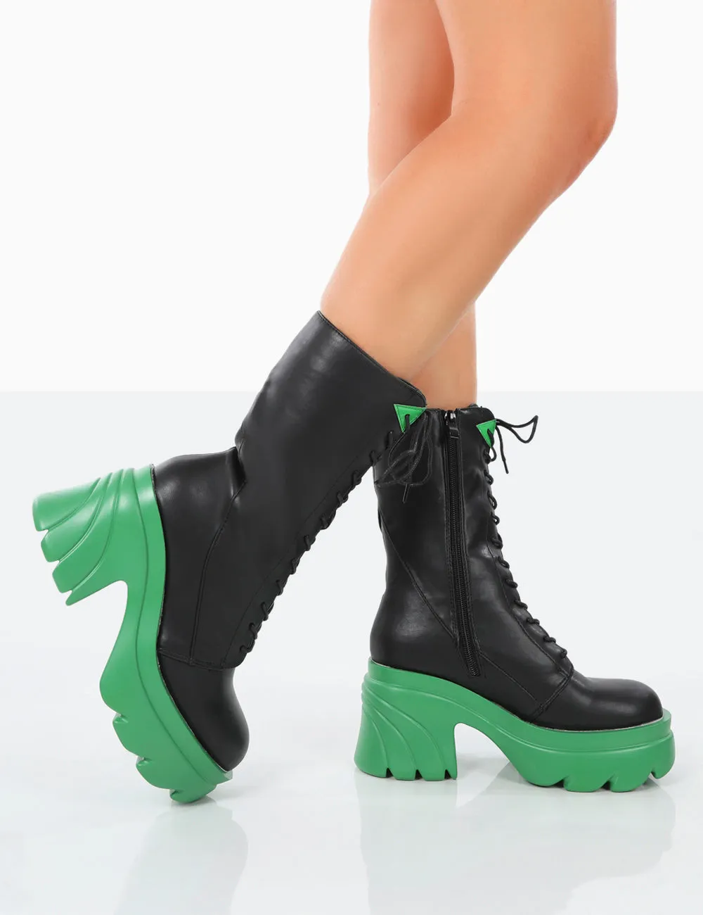 Ever Black Green Laced Platform Chunky Green Sole Ankle Boots