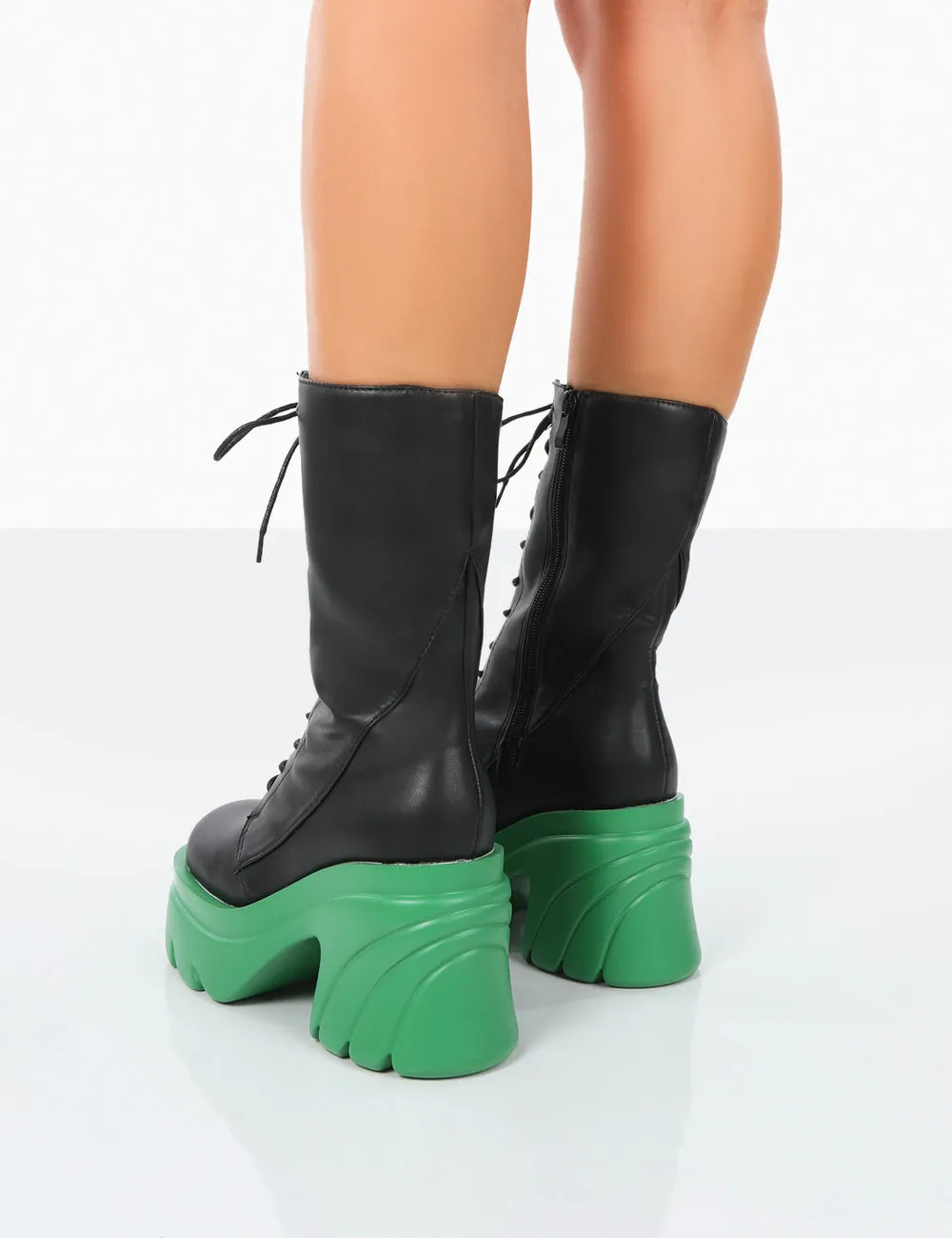 Ever Black Green Laced Platform Chunky Green Sole Ankle Boots