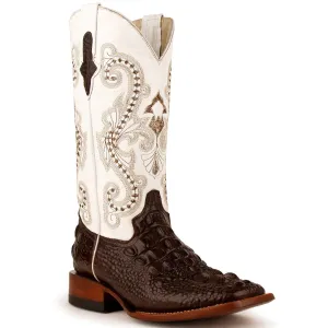 Ferrini Women's Rancher Square Toe Boots Crocodile Print - Chocolate/White  9049309