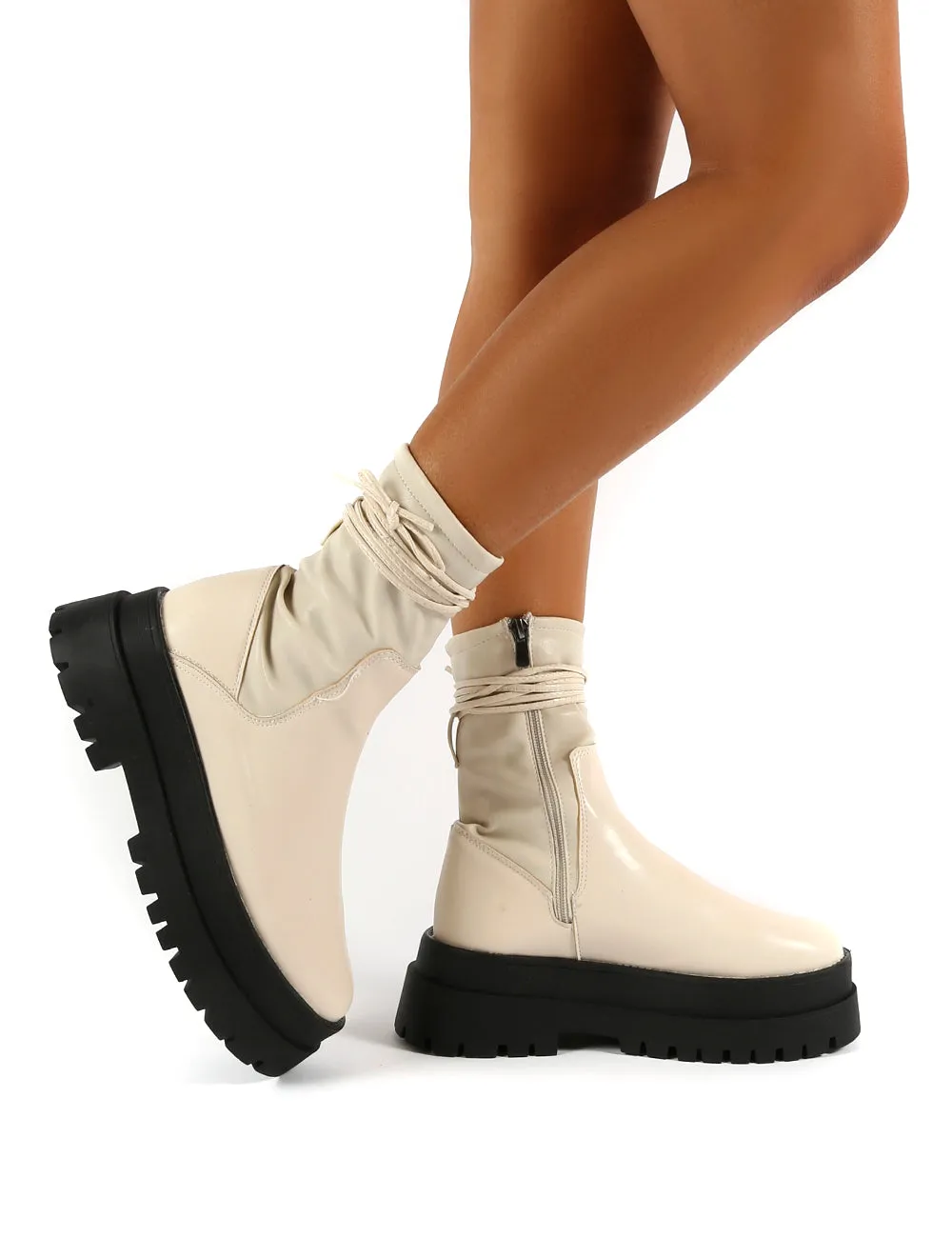 Finale Beige Chunky Sole Ankle Wrap Boots